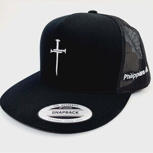 Nail cross and scripture embroidered on black on black mesh flat bill SnapBack